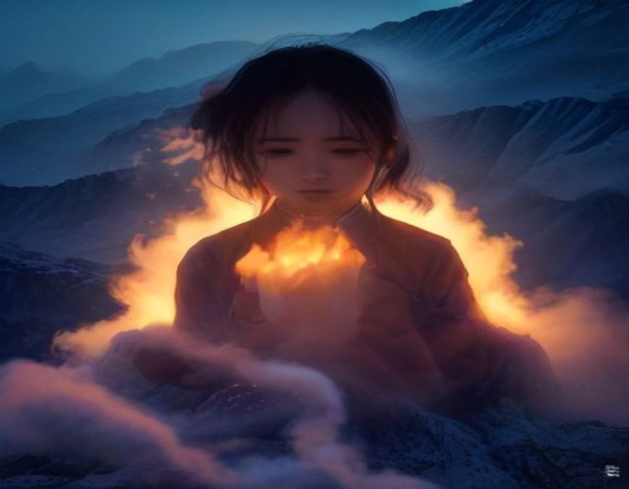 暖橙色灯光下的客厅，大屏正播放电影画面，茶几上放着一桶爆米花和手机，氛围放松惬意